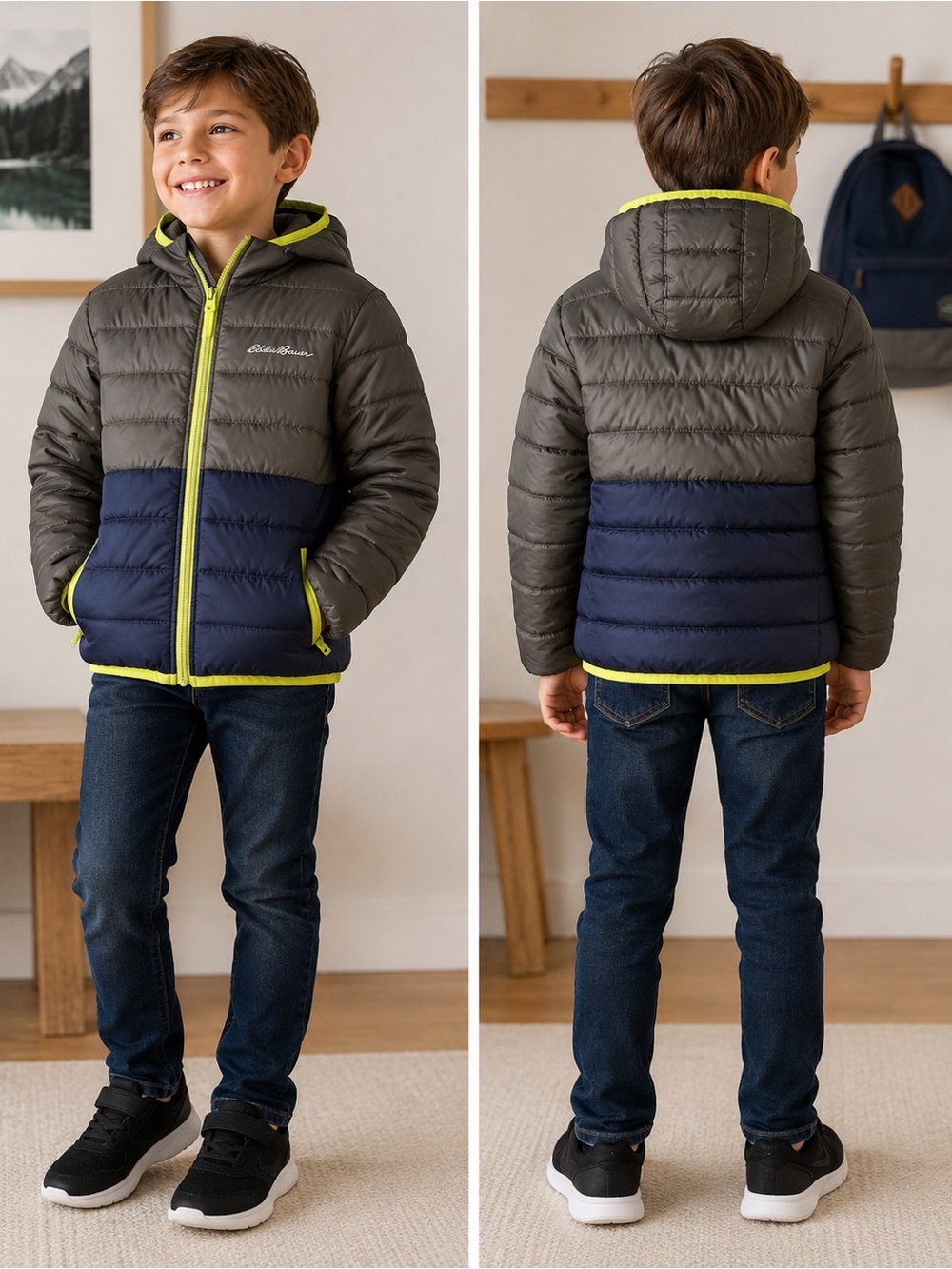 Eddie Bauer Kids REVERSIBLE Packable Down Puffer Jacket Hooded- Small- 7/8